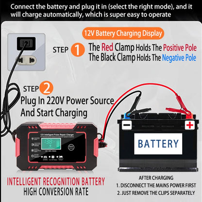 12V 6A Car Battery Charger – Smart Fast Charge with Pulse Repair, LCD Display for AGM, Deep Cycle, and GEL Lead-Acid Batteries for Auto and Motorcycle