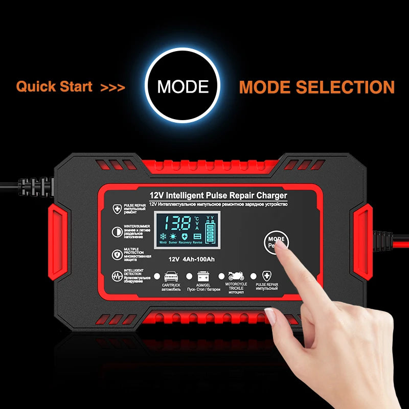 12V 6A Car Battery Charger – Smart Fast Charge with Pulse Repair, LCD Display for AGM, Deep Cycle, and GEL Lead-Acid Batteries for Auto and Motorcycle