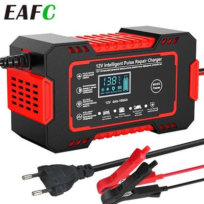 12V 6A Car Battery Charger – Smart Fast Charge with Pulse Repair, LCD Display for AGM, Deep Cycle, and GEL Lead-Acid Batteries for Auto and Motorcycle