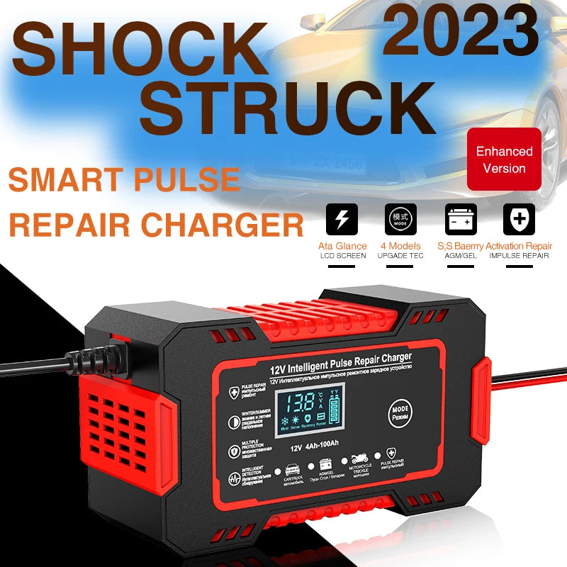 12V 6A Car Battery Charger – Smart Fast Charge with Pulse Repair, LCD Display for AGM, Deep Cycle, and GEL Lead-Acid Batteries for Auto and Motorcycle